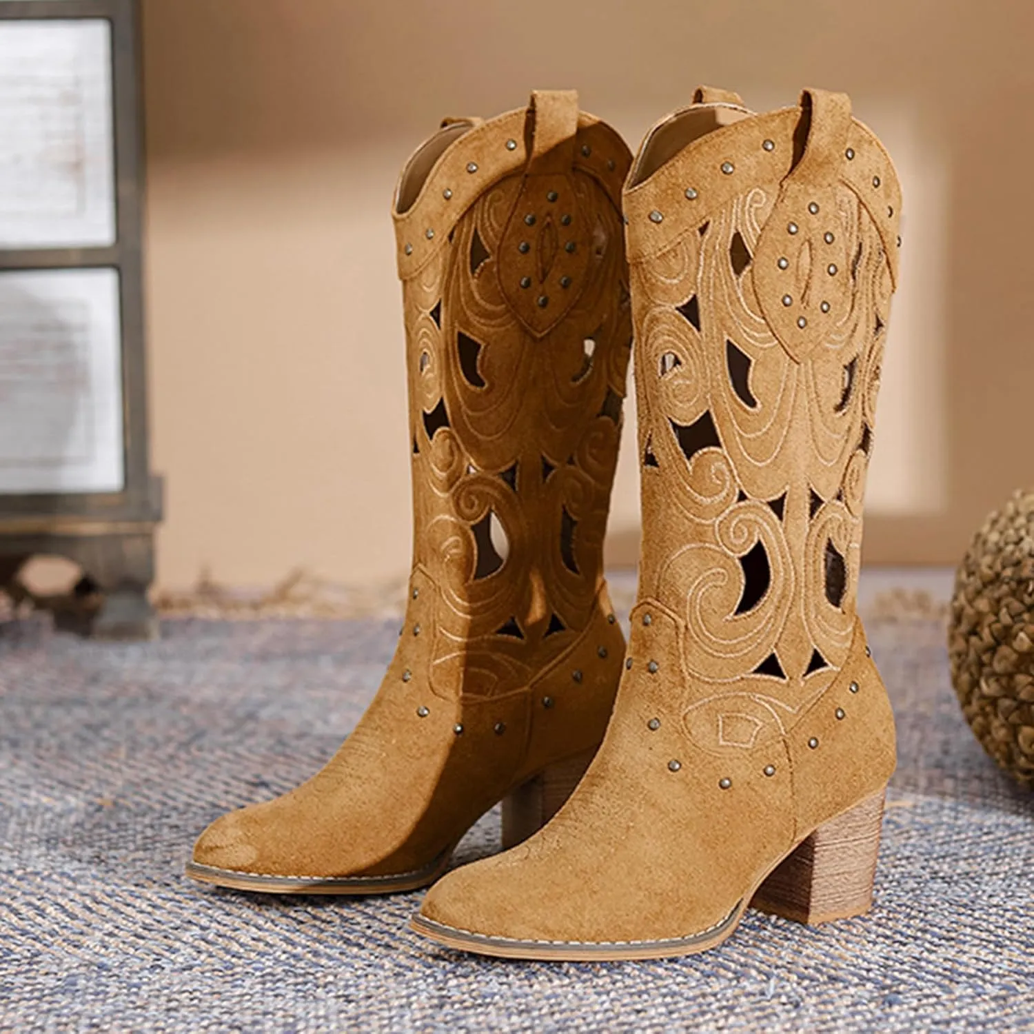 ErikenUrben Women Western Cowboy Boots Stacked Heel Mesh Cowgirl Boots Wide Calf