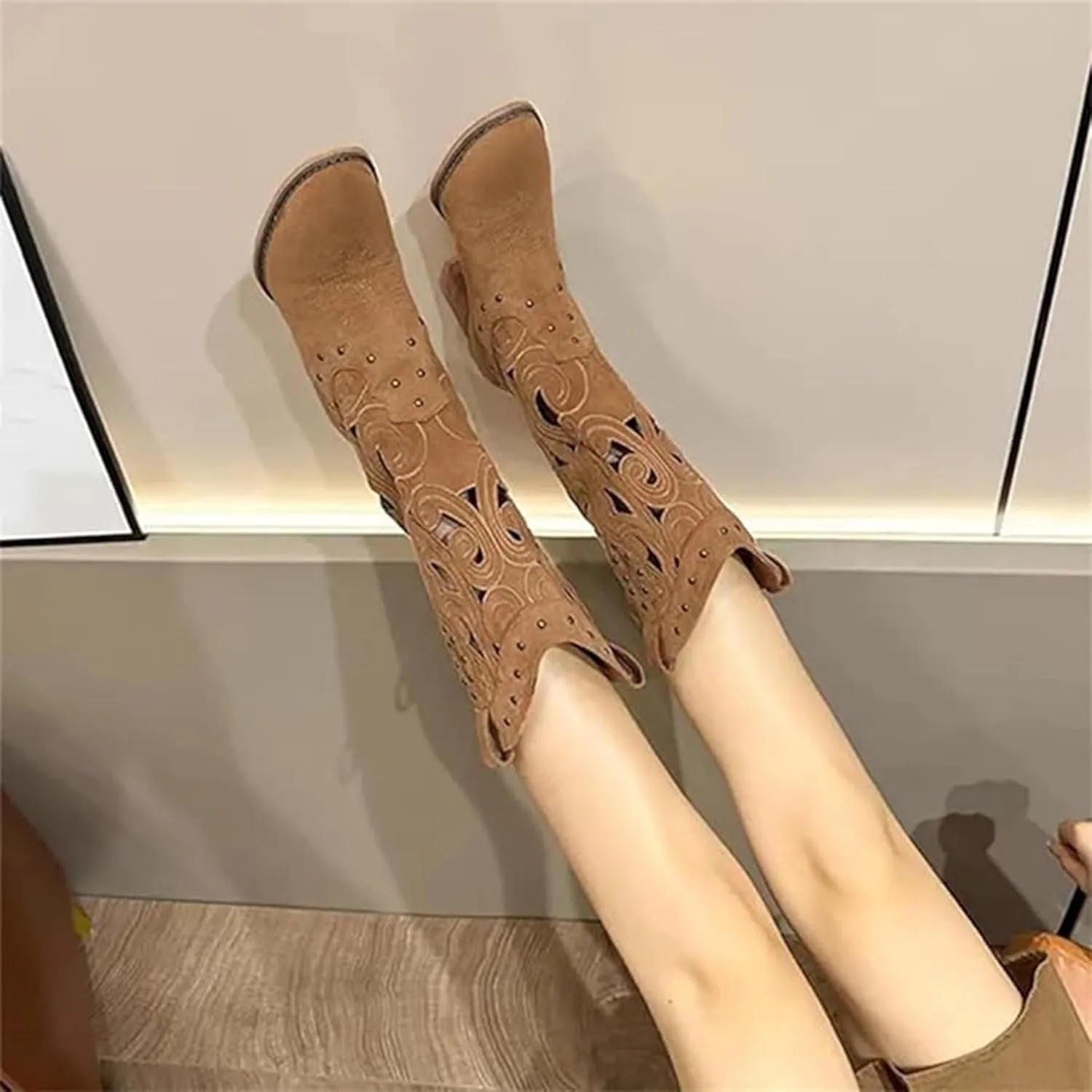 ErikenUrben Women Western Cowboy Boots Stacked Heel Mesh Cowgirl Boots Wide Calf