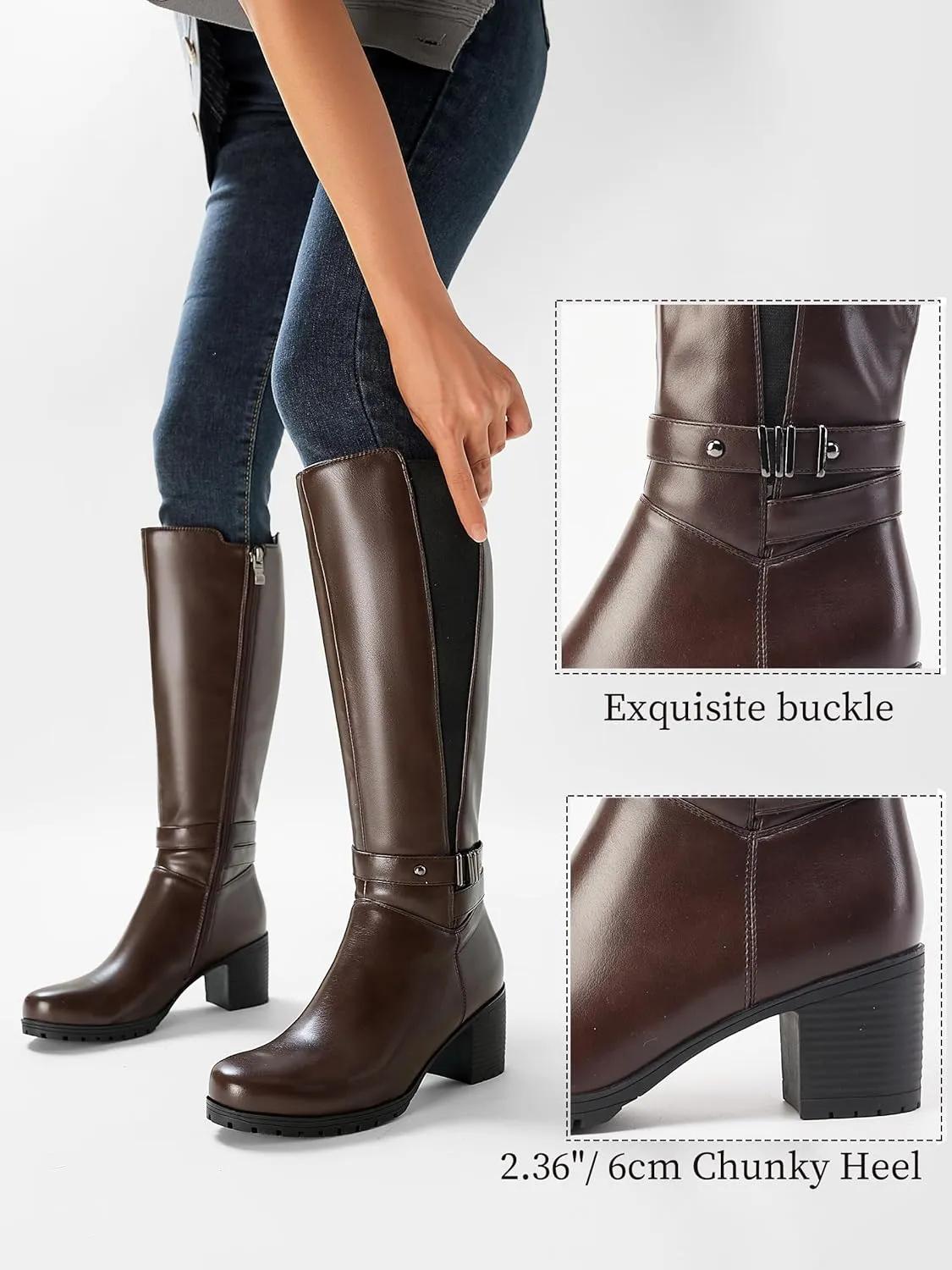 ErikenUrben Women's Knee-High Riding Boots Chunky Heel Buckle Calf Boots Zip