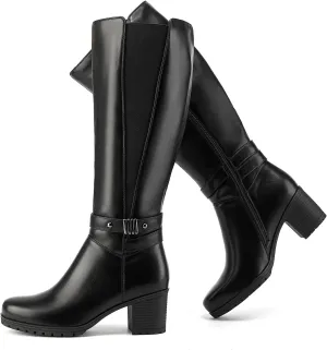 ErikenUrben Women's Knee-High Riding Boots Chunky Heel Buckle Calf Boots Zip