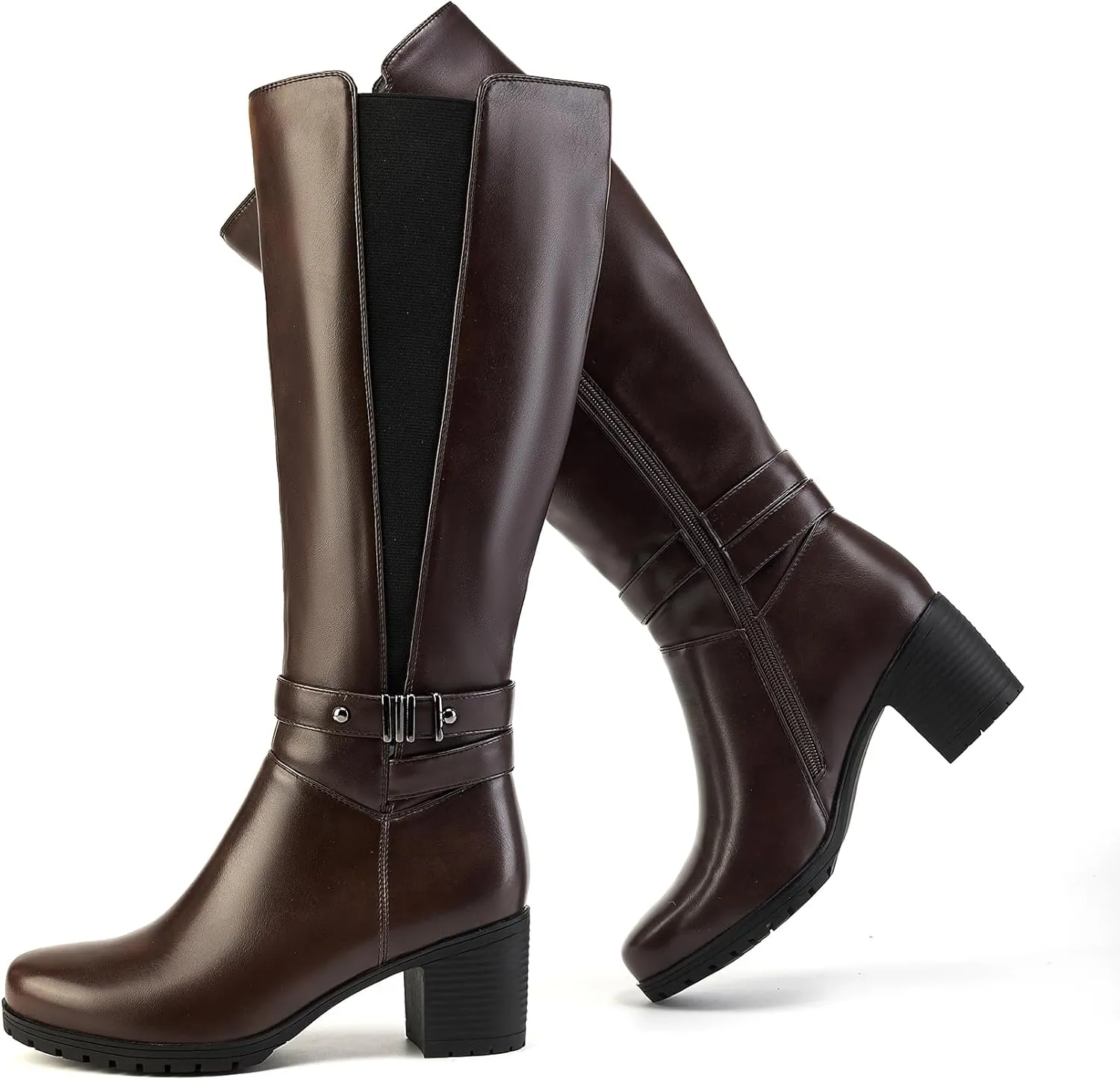 ErikenUrben Women's Knee-High Riding Boots Chunky Heel Buckle Calf Boots Zip
