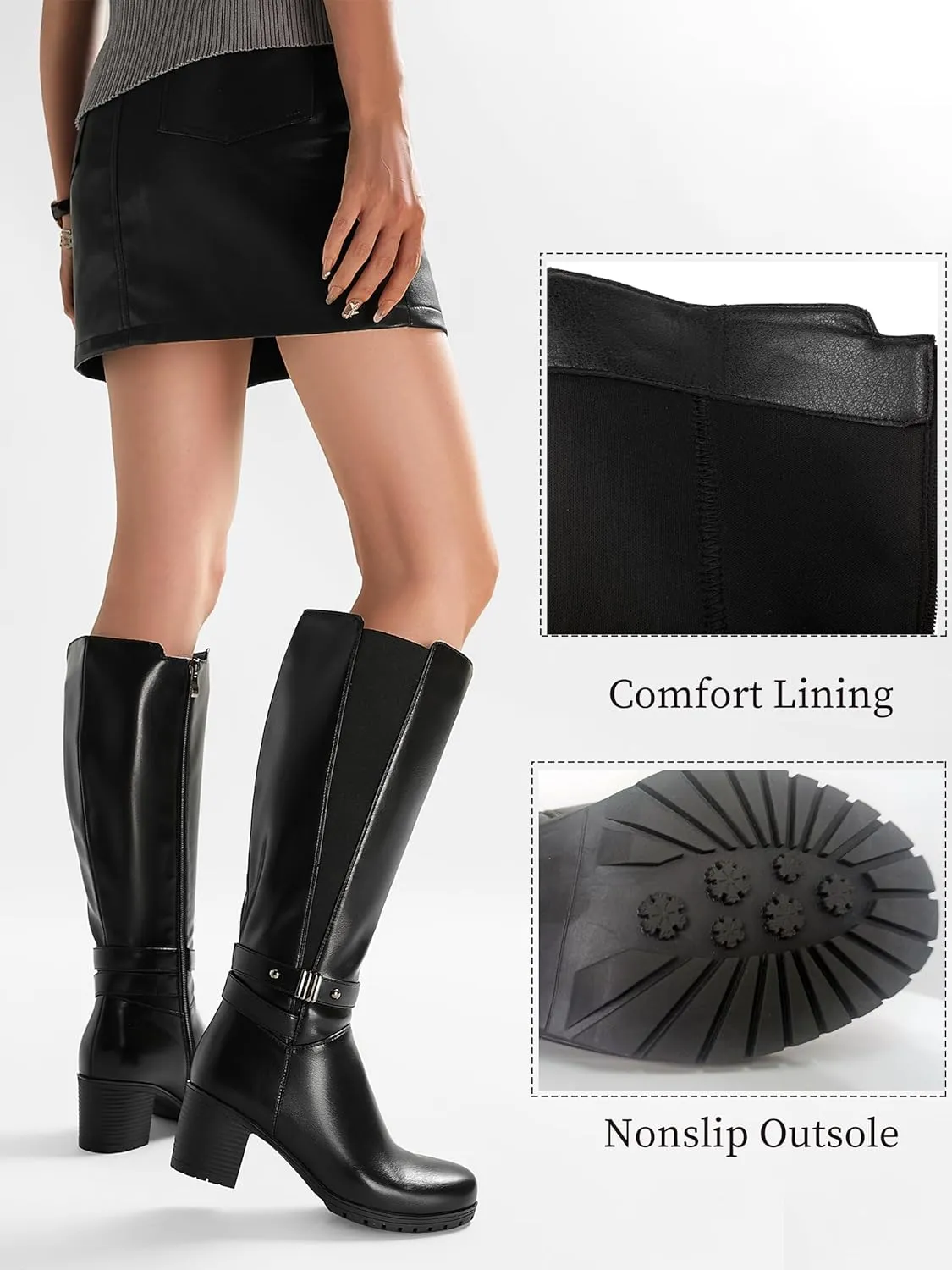 ErikenUrben Women's Knee-High Riding Boots Chunky Heel Buckle Calf Boots Zip