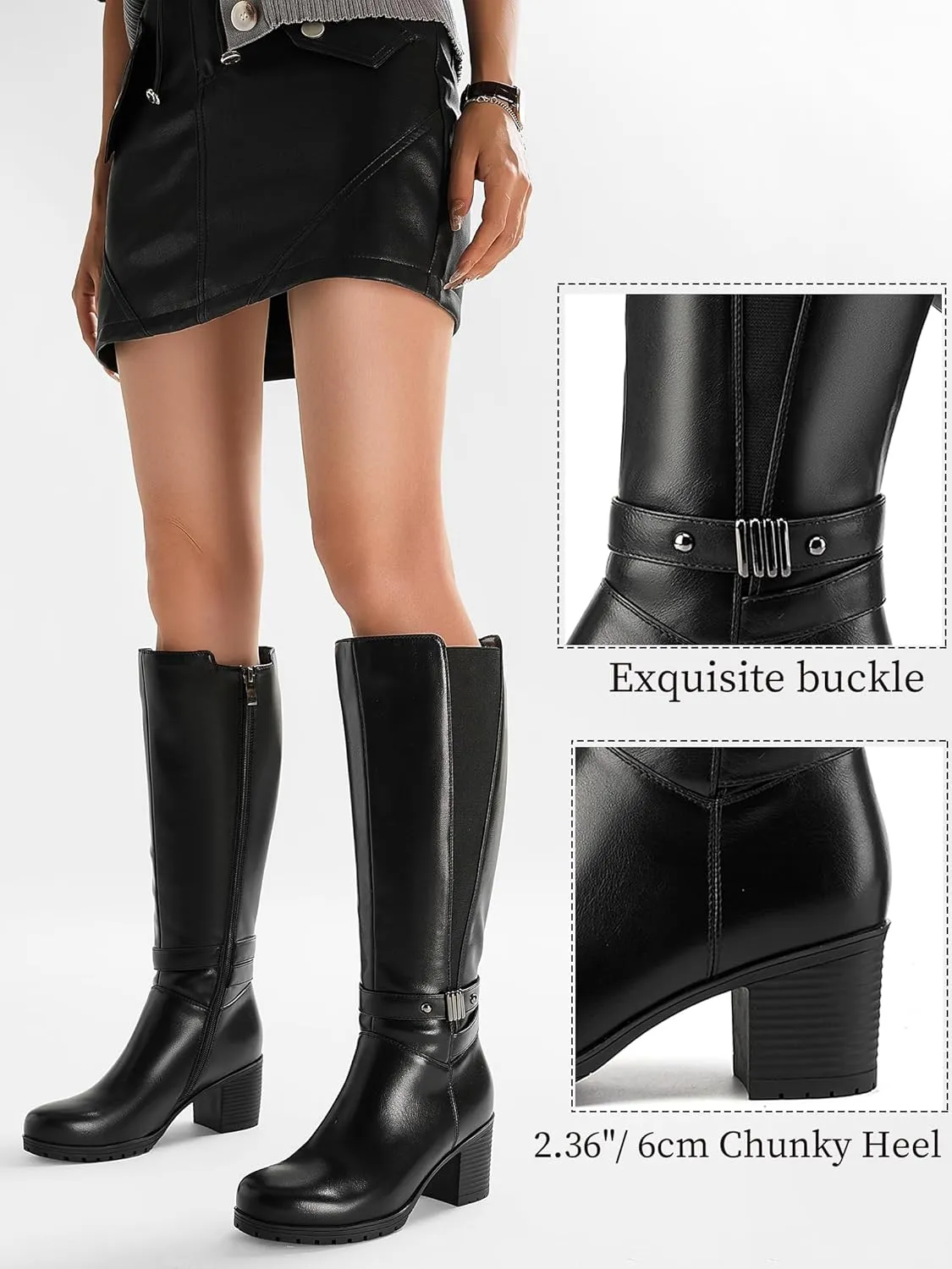 ErikenUrben Women's Knee-High Riding Boots Chunky Heel Buckle Calf Boots Zip