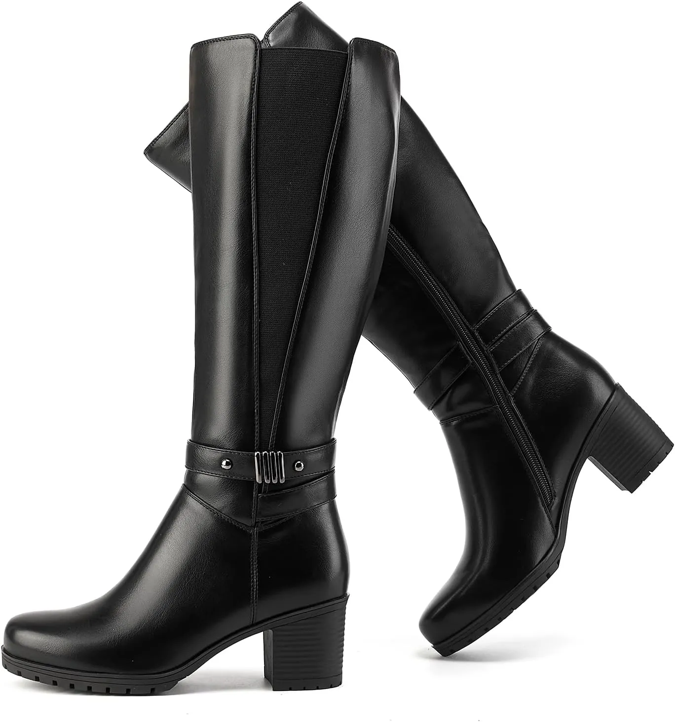 ErikenUrben Women's Knee-High Riding Boots Chunky Heel Buckle Calf Boots Zip