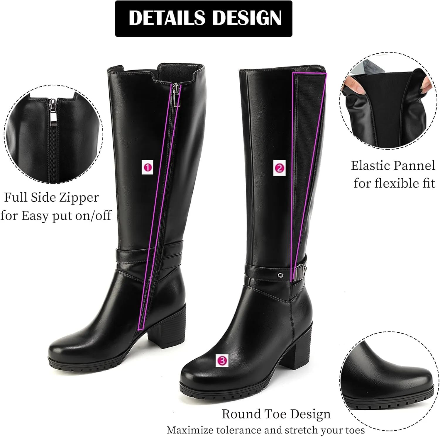 ErikenUrben Women's Knee-High Riding Boots Chunky Heel Buckle Calf Boots Zip