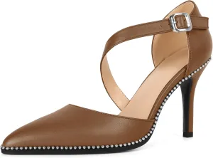Esvowido Pointed Closed Toe Heels for Women Beaded Ankle Strap Pumps D'Orsay Stiletto High Heels Office Party Wedding 3.5 Inch Dress Shoes