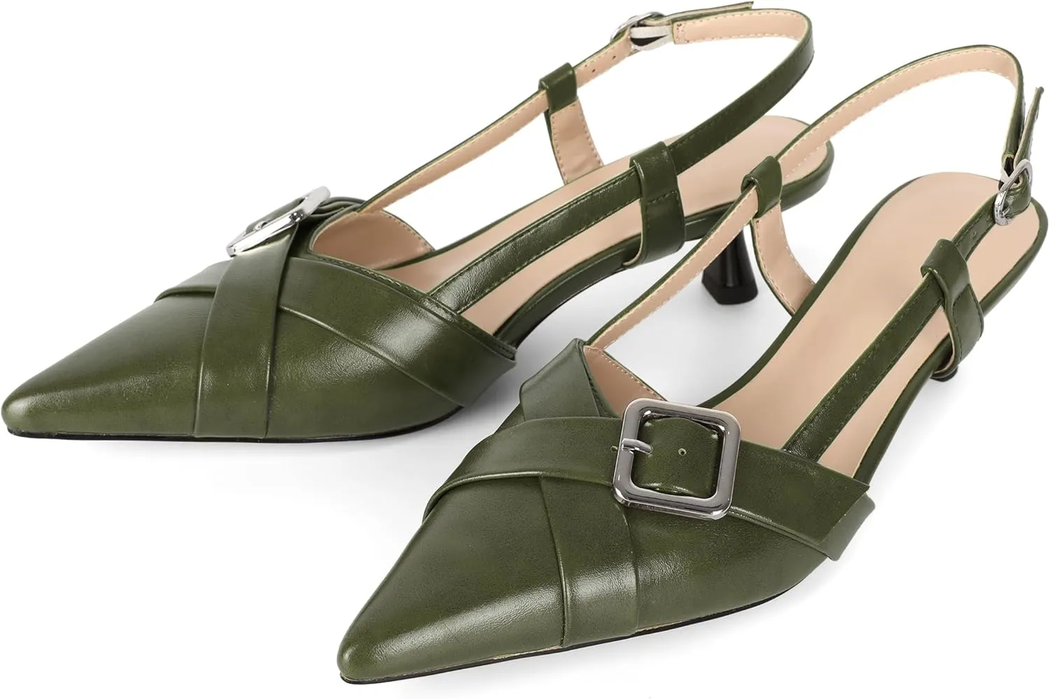 Esvowido Women Slingback Kitten Heels Pointed Toe Low Heel Pumps Adjustable Buckle Straps for Work Party Casual Outfit