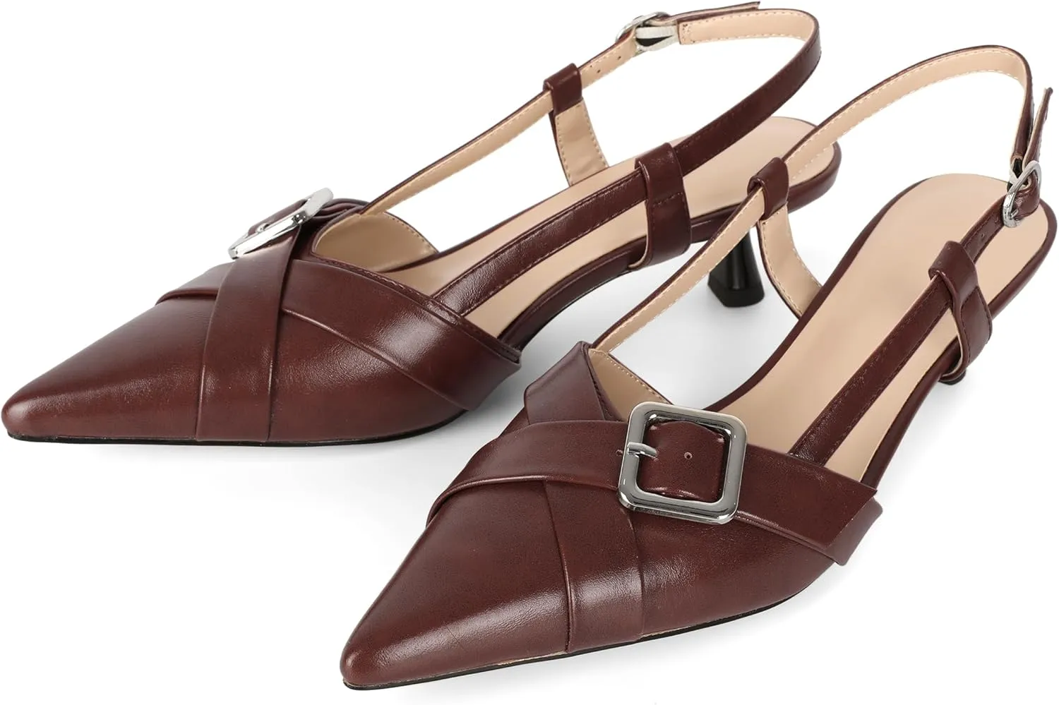 Esvowido Women Slingback Kitten Heels Pointed Toe Low Heel Pumps Adjustable Buckle Straps for Work Party Casual Outfit