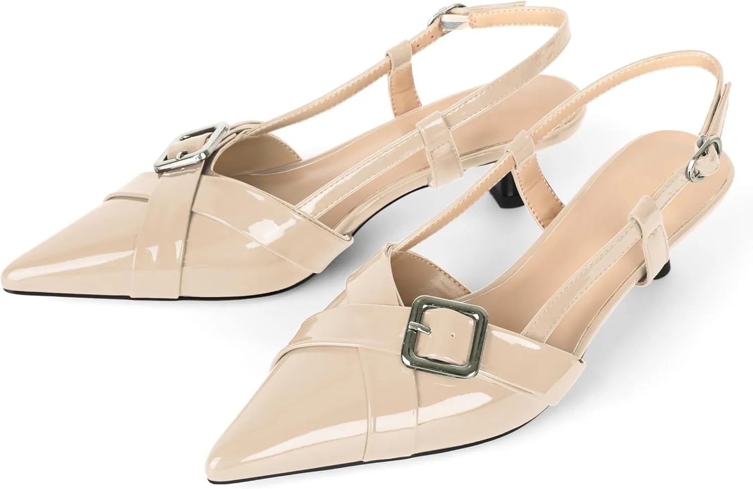 Esvowido Women Slingback Kitten Heels Pointed Toe Low Heel Pumps Adjustable Buckle Straps for Work Party Casual Outfit