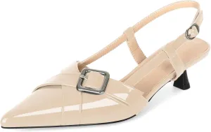 Esvowido Women Slingback Kitten Heels Pointed Toe Low Heel Pumps Adjustable Buckle Straps for Work Party Casual Outfit