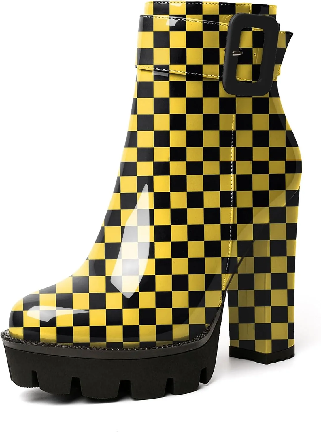 Esvowido Women's Platform Ankle Boots Round Toe Lug Sole Buckle Booties Chunky Block High Heels Side Zipper with Fur Winter Short Boots