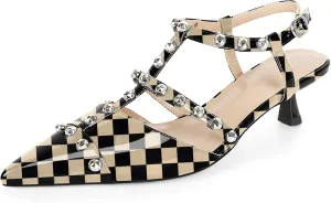 Esvowido Womens Slingback Kitten Heels Pointed Toe Pumps Studded T-Strap Low Heels 2 Inch Closed Toe Work Wedding Party Dress Shoes