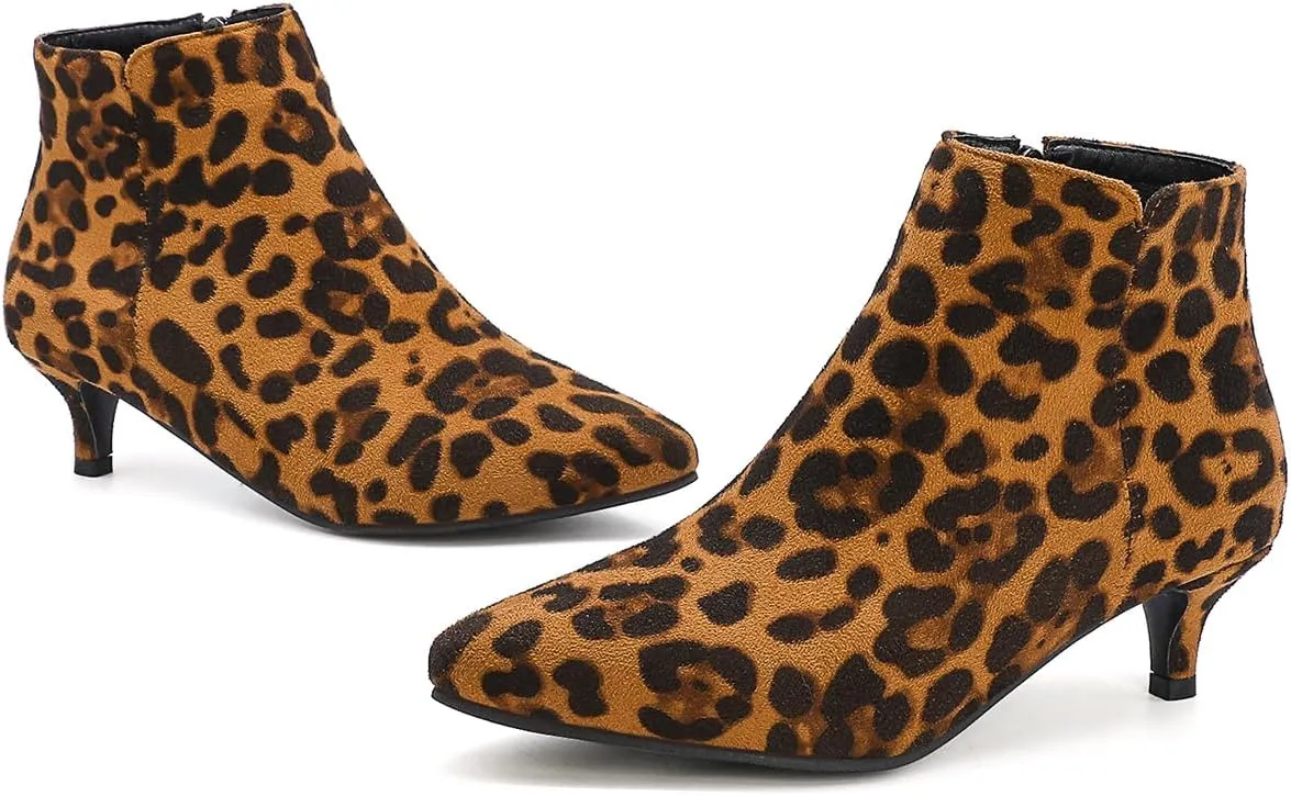 Fashion Women Leopard Ankle Boots Kitten Heel Pointed Toe Zipper Office Booties