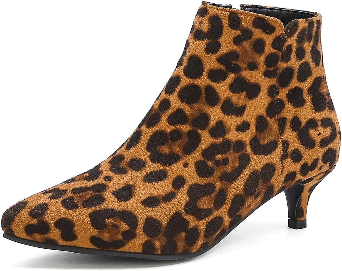 Fashion Women Leopard Ankle Boots Kitten Heel Pointed Toe Zipper Office Booties