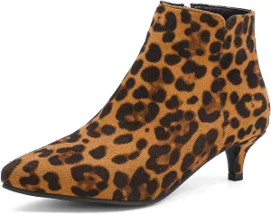 Fashion Women Leopard Ankle Boots Kitten Heel Pointed Toe Zipper Office Booties