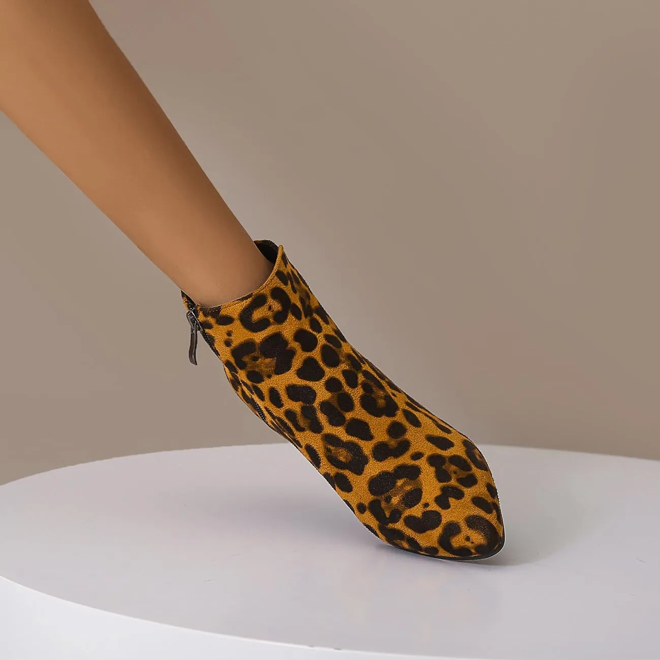 Fashion Women Leopard Ankle Boots Kitten Heel Pointed Toe Zipper Office Booties