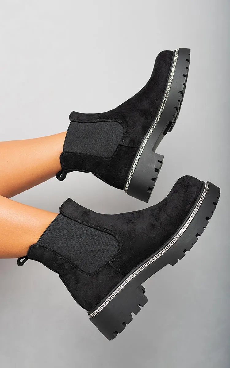 Faux Suede Diamante Chelsea Ankle Boots