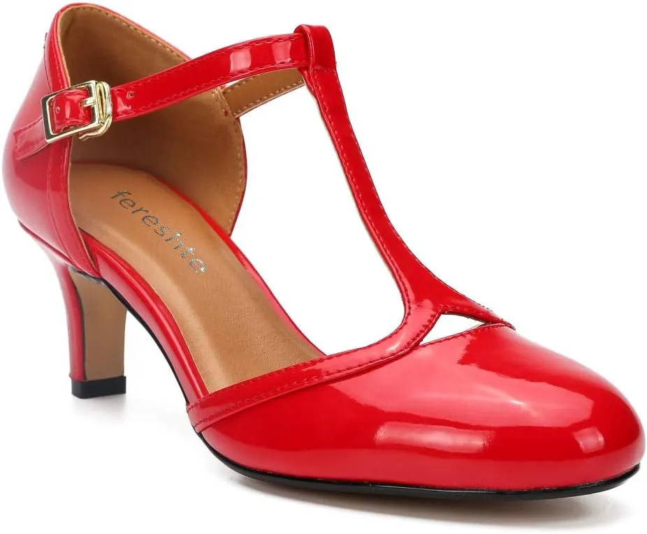 fereshte Women's Men's Mary Jane T-Strap Round Toe Mid Kitten Heel Pumps Shoes