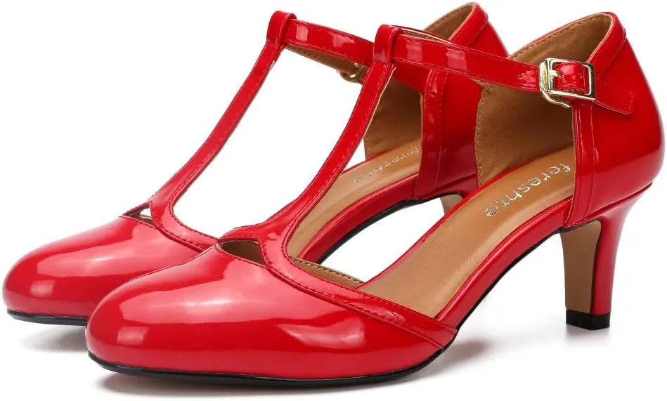 fereshte Women's Men's Mary Jane T-Strap Round Toe Mid Kitten Heel Pumps Shoes