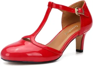 fereshte Women's Men's Mary Jane T-Strap Round Toe Mid Kitten Heel Pumps Shoes