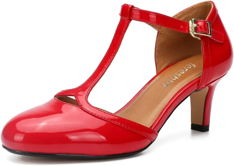 fereshte Women's Men's Mary Jane T-Strap Round Toe Mid Kitten Heel Pumps Shoes