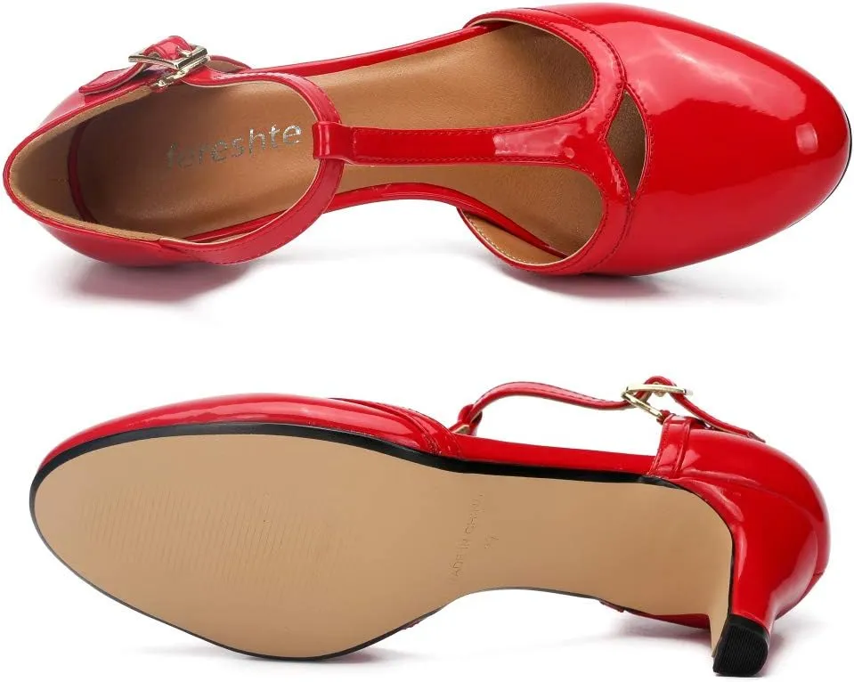 fereshte Women's Men's Mary Jane T-Strap Round Toe Mid Kitten Heel Pumps Shoes
