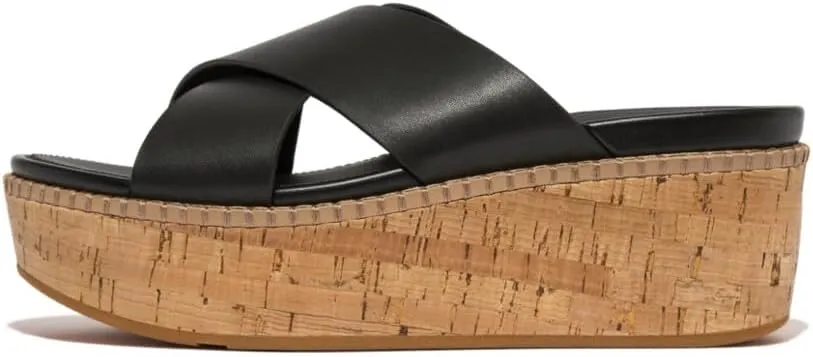 FitFlop Women's Eloise Leather/Cork Wedge Cross Slides Sandal