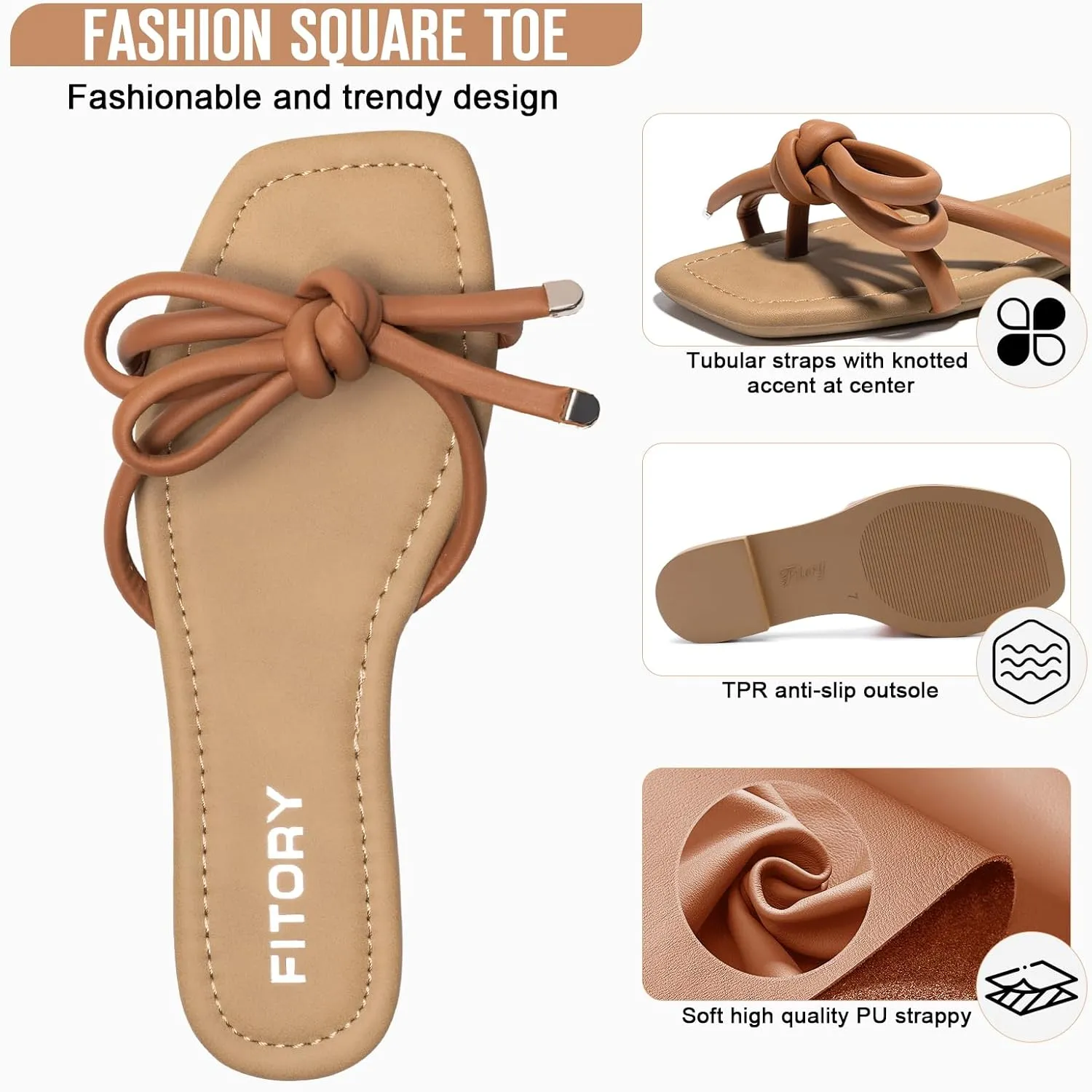 FITORY Women's Flat Sandals Square Open Toe Thong with Cute Knot for Summer Size 6-11