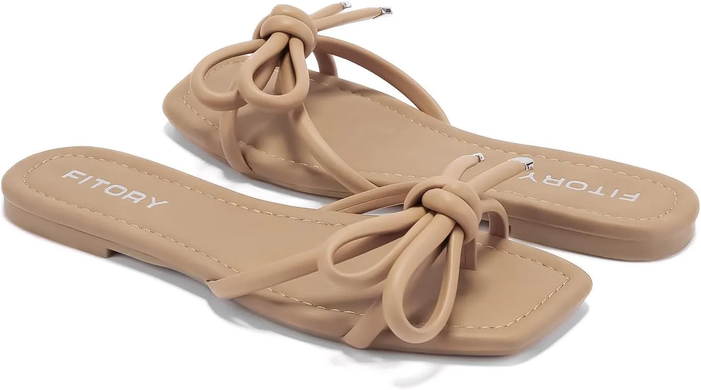 FITORY Women's Flat Sandals Square Open Toe Thong with Cute Knot for Summer Size 6-11