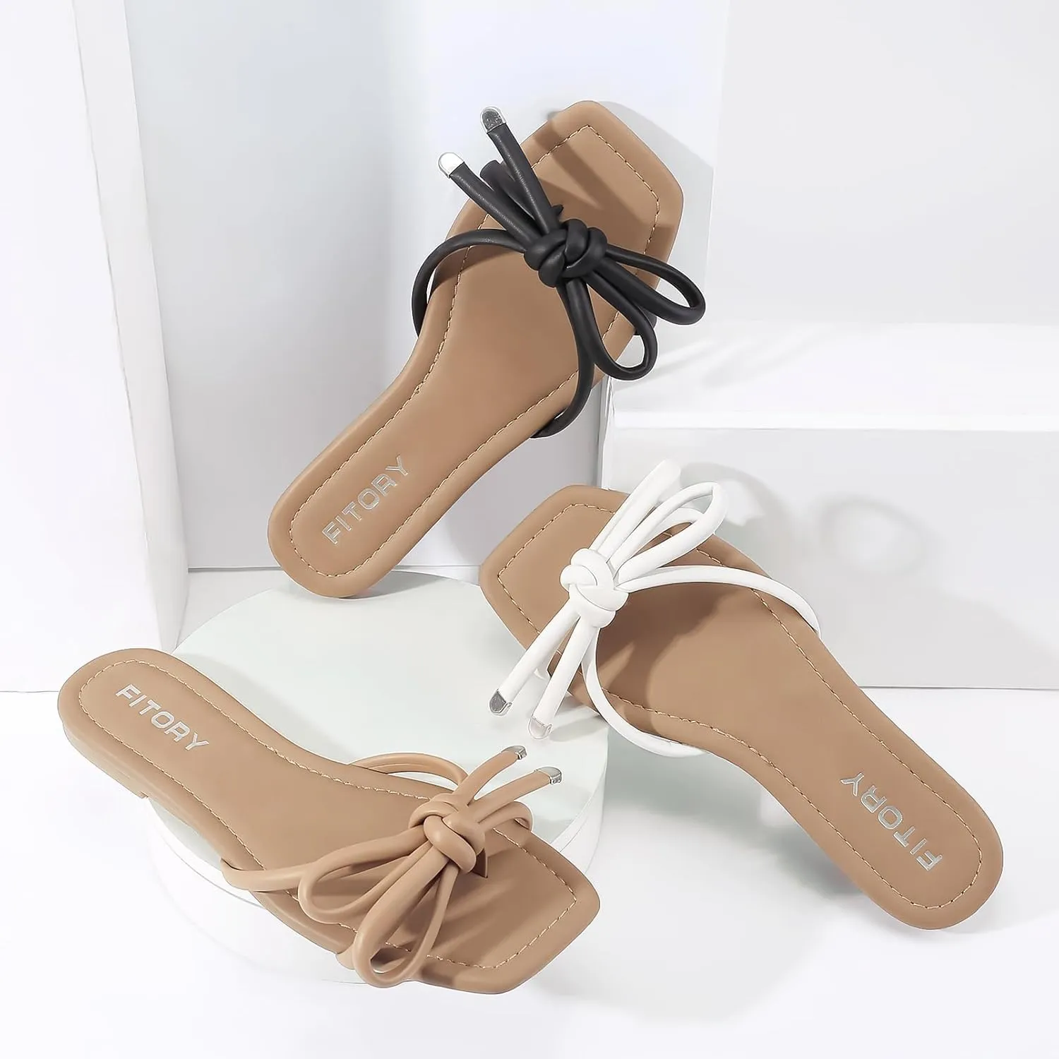 FITORY Women's Flat Sandals Square Open Toe Thong with Cute Knot for Summer Size 6-11