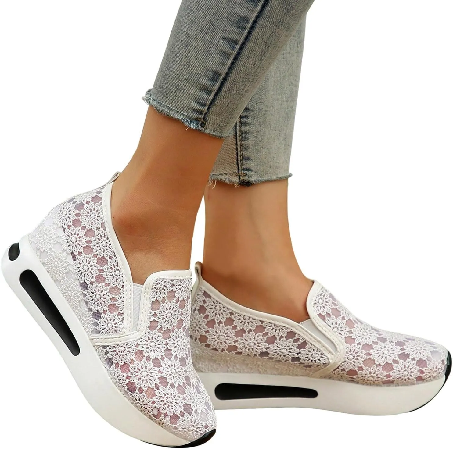 Floral Embroidery Breathable Sheer Mesh Sneakers for Women 2025 Spring Glitter Mesh Casual Sneakers Platform Wedge Floral Shoes Slip On Dressy Tennis Shoes for Outdoor Walking