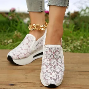 Floral Embroidery Breathable Sheer Mesh Sneakers for Women 2025 Spring Glitter Mesh Casual Sneakers Platform Wedge Floral Shoes Slip On Dressy Tennis Shoes for Outdoor Walking