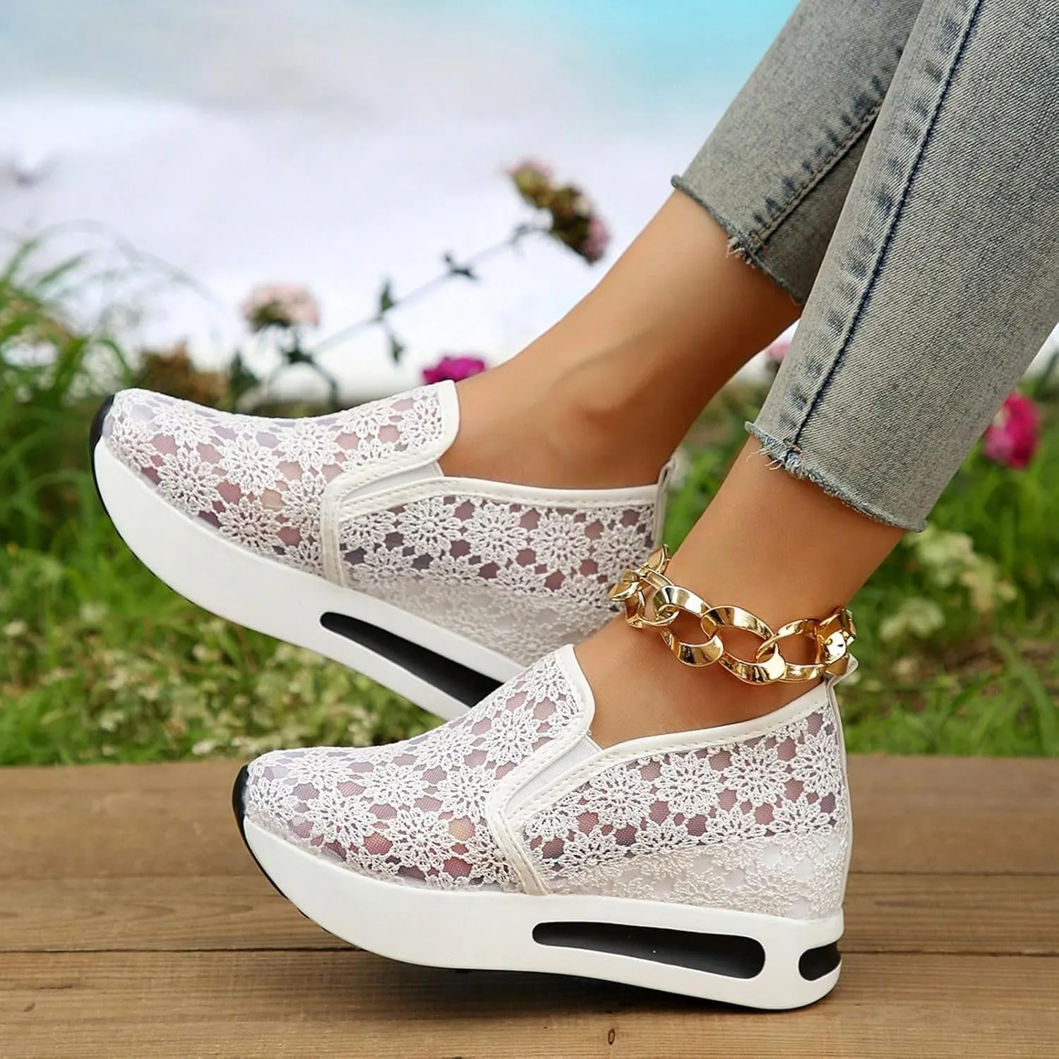 Floral Embroidery Breathable Sheer Mesh Sneakers for Women 2025 Spring Glitter Mesh Casual Sneakers Platform Wedge Floral Shoes Slip On Dressy Tennis Shoes for Outdoor Walking