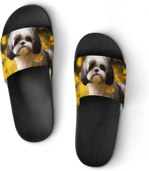 Flower Field Cute Shih Tzu Dog Open Toe Slippers for Women And Men Non Slip Shower Slippers Home Slippers
