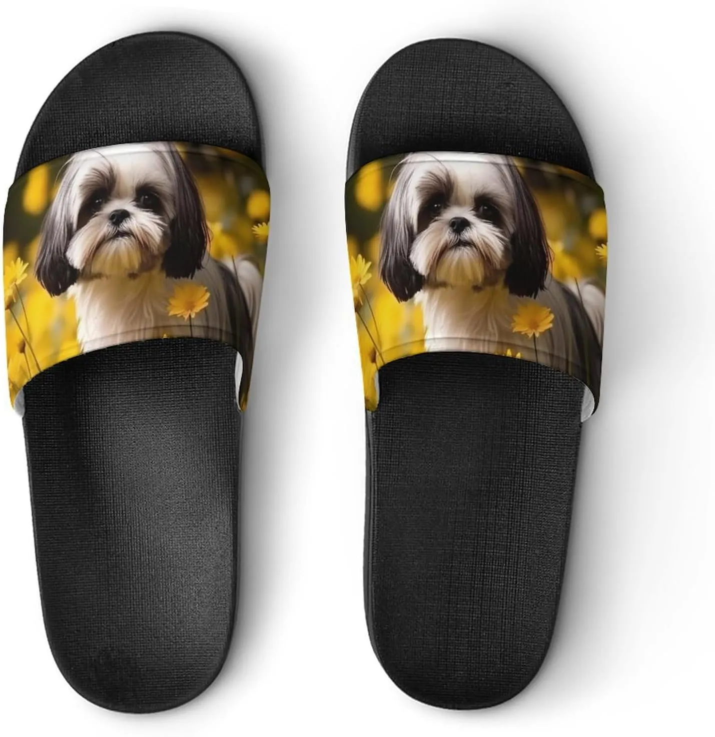 Flower Field Cute Shih Tzu Dog Open Toe Slippers for Women And Men Non Slip Shower Slippers Home Slippers