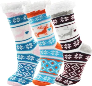 Fluffy Thermal Sherpa Slipper Socks, 3 Pairs for Women, Ultra Soft Christmas Winter Non Skid
