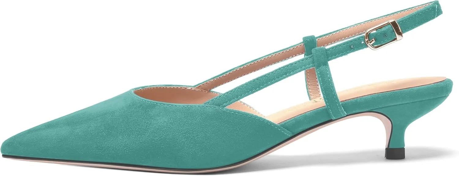 FOGEENA Womens Pointed Toe Evening Slip On Dress Suede Leather Slingback Kitten Low Heel Pumps Shoes 1.5 Inch