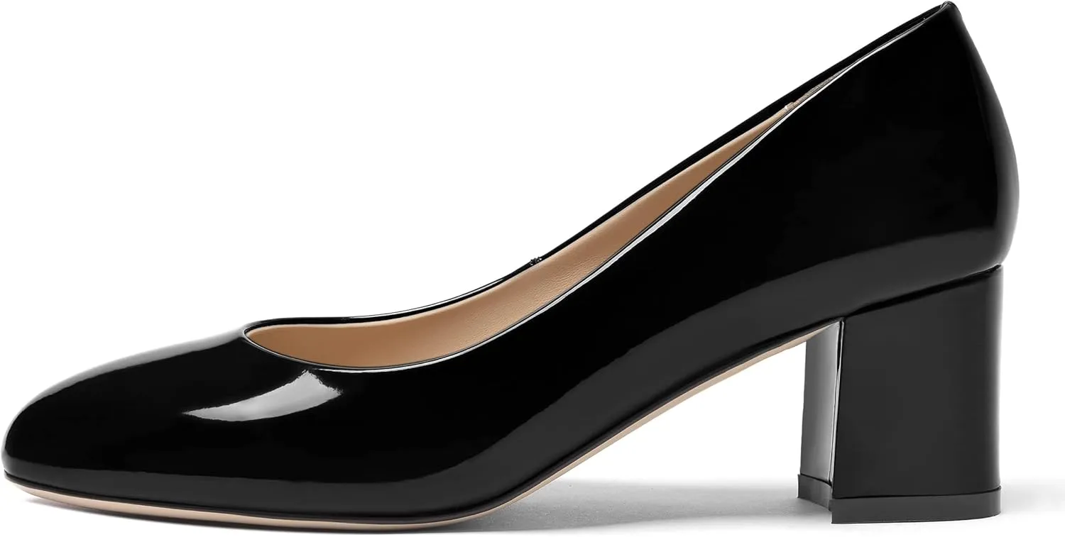 FOGEENA Womens Wedding Round Toe Slip On Comfortable Patent Leather Casual Chunky Low Heel Pumps Dressy Shoes 2.2 Inch