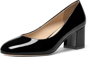FOGEENA Womens Wedding Round Toe Slip On Comfortable Patent Leather Casual Chunky Low Heel Pumps Dressy Shoes 2.2 Inch