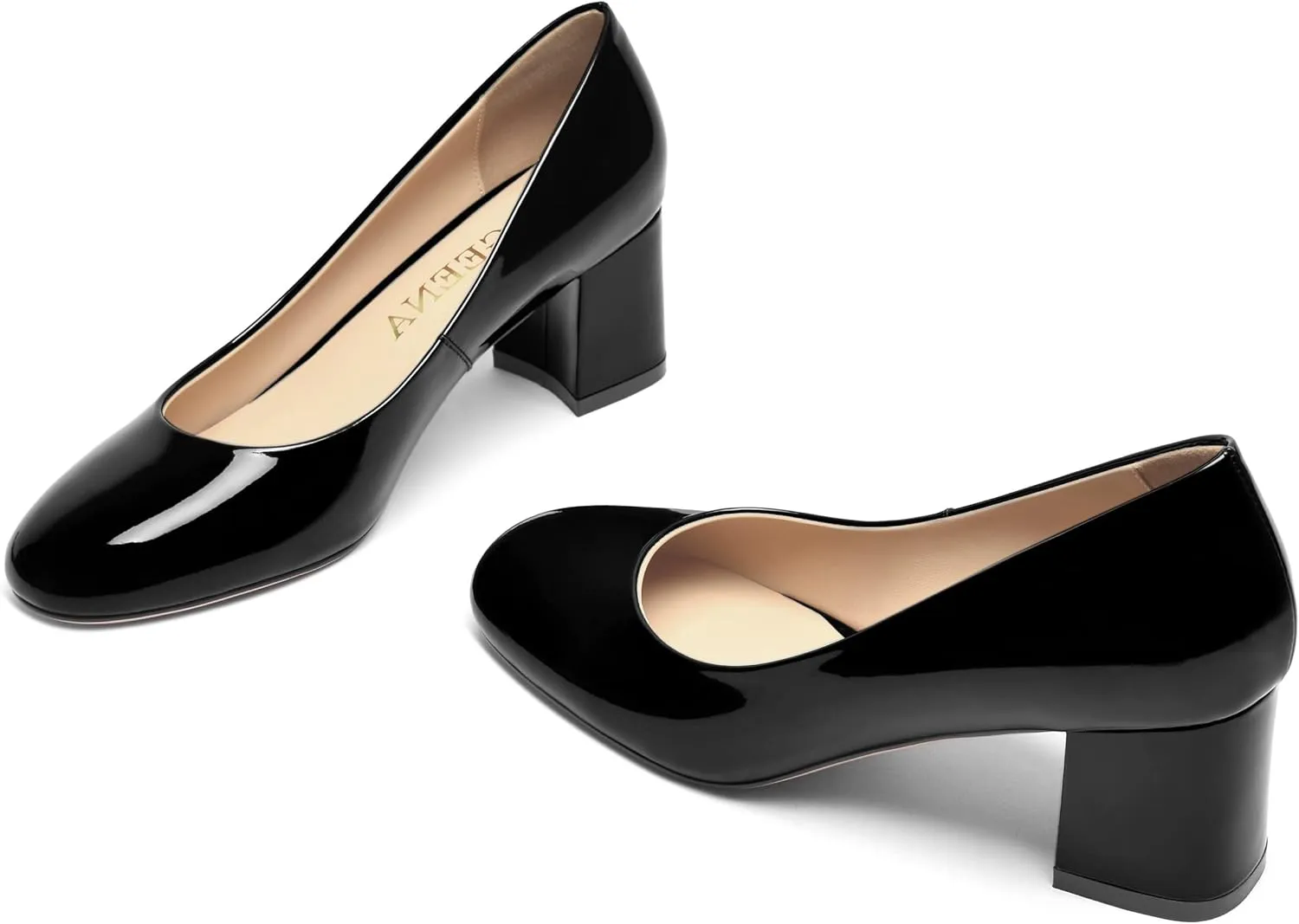 FOGEENA Womens Wedding Round Toe Slip On Comfortable Patent Leather Casual Chunky Low Heel Pumps Dressy Shoes 2.2 Inch