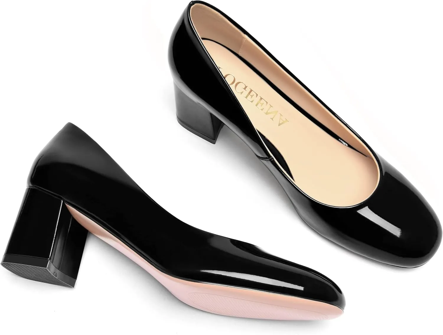 FOGEENA Womens Wedding Round Toe Slip On Comfortable Patent Leather Casual Chunky Low Heel Pumps Dressy Shoes 2.2 Inch