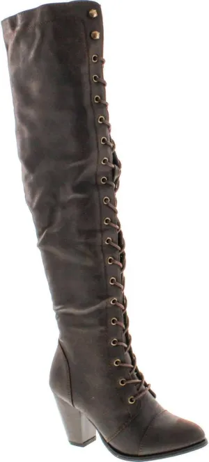 Forever Camila-48 Women's Chunky Heel Lace Up Over The Knee Brown High Riding Boots For Camila-48 Brown Pu Pu 7.5