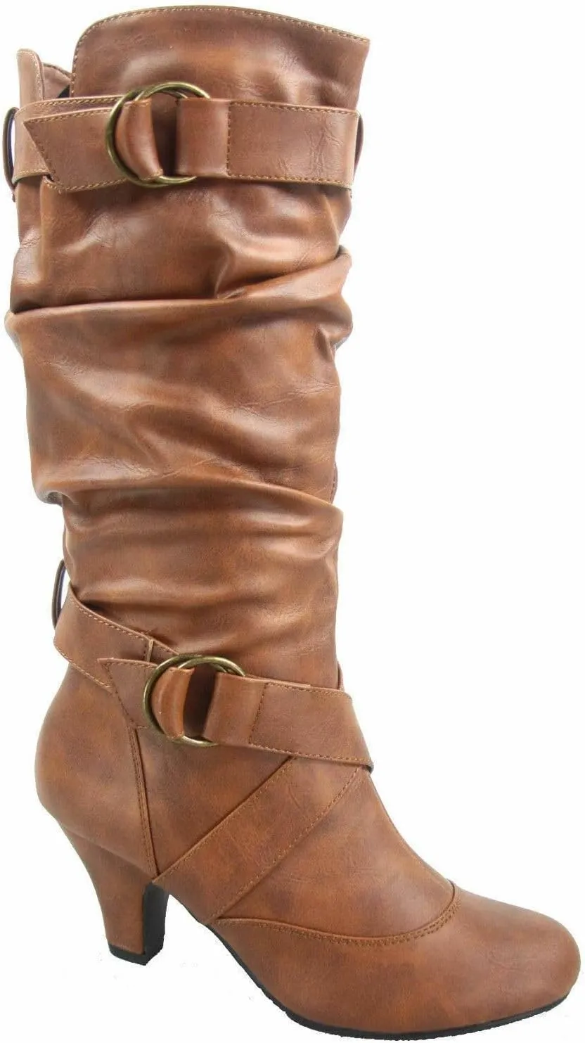 Forever Link Maggie-39 Women's Fashion Low Heel Zipper Slouchy Mid-Calf Boots Shoes