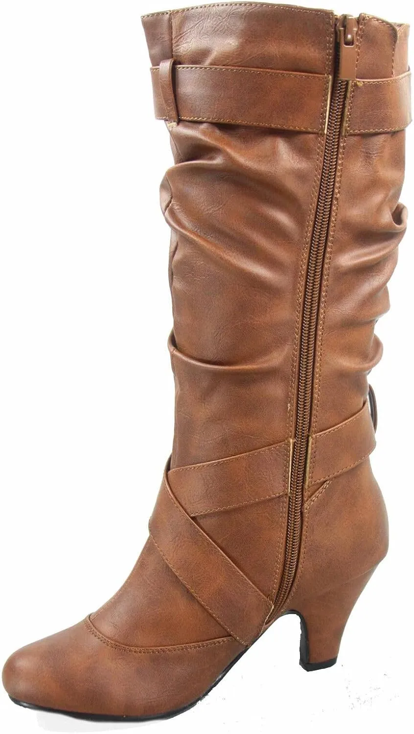 Forever Link Maggie-39 Women's Fashion Low Heel Zipper Slouchy Mid-Calf Boots Shoes