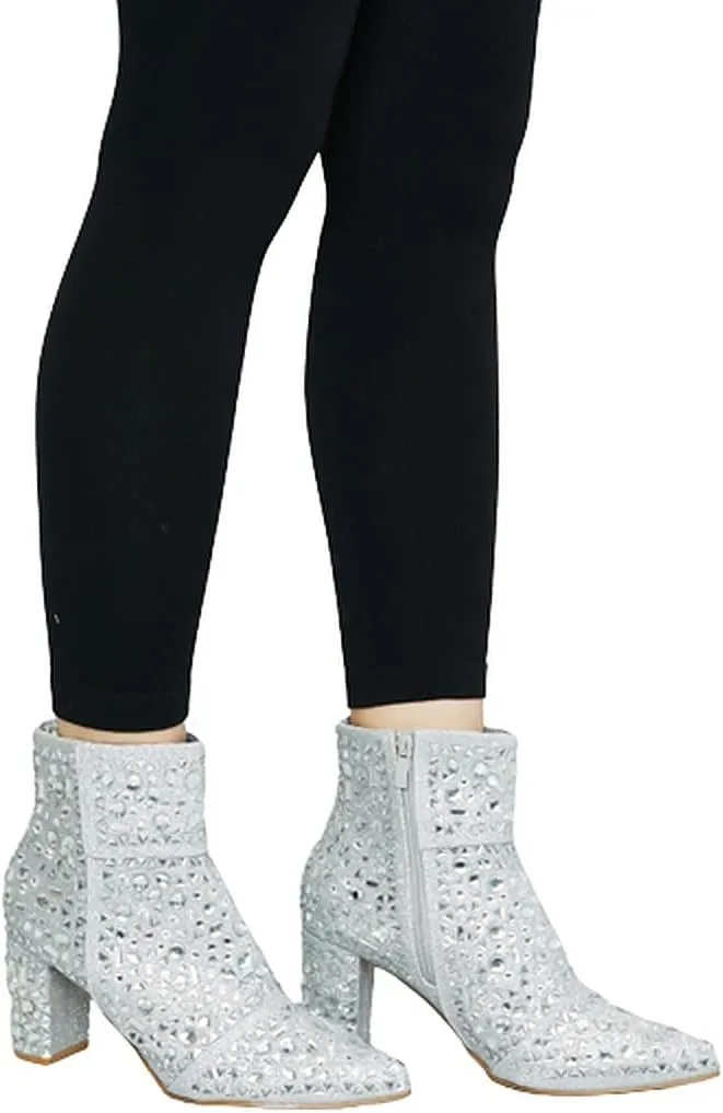 Forever Women Rhinestone Glitter Block Chunky Heel Ankle Booties