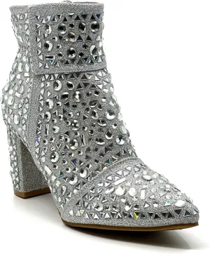Forever Women Rhinestone Glitter Block Chunky Heel Ankle Booties