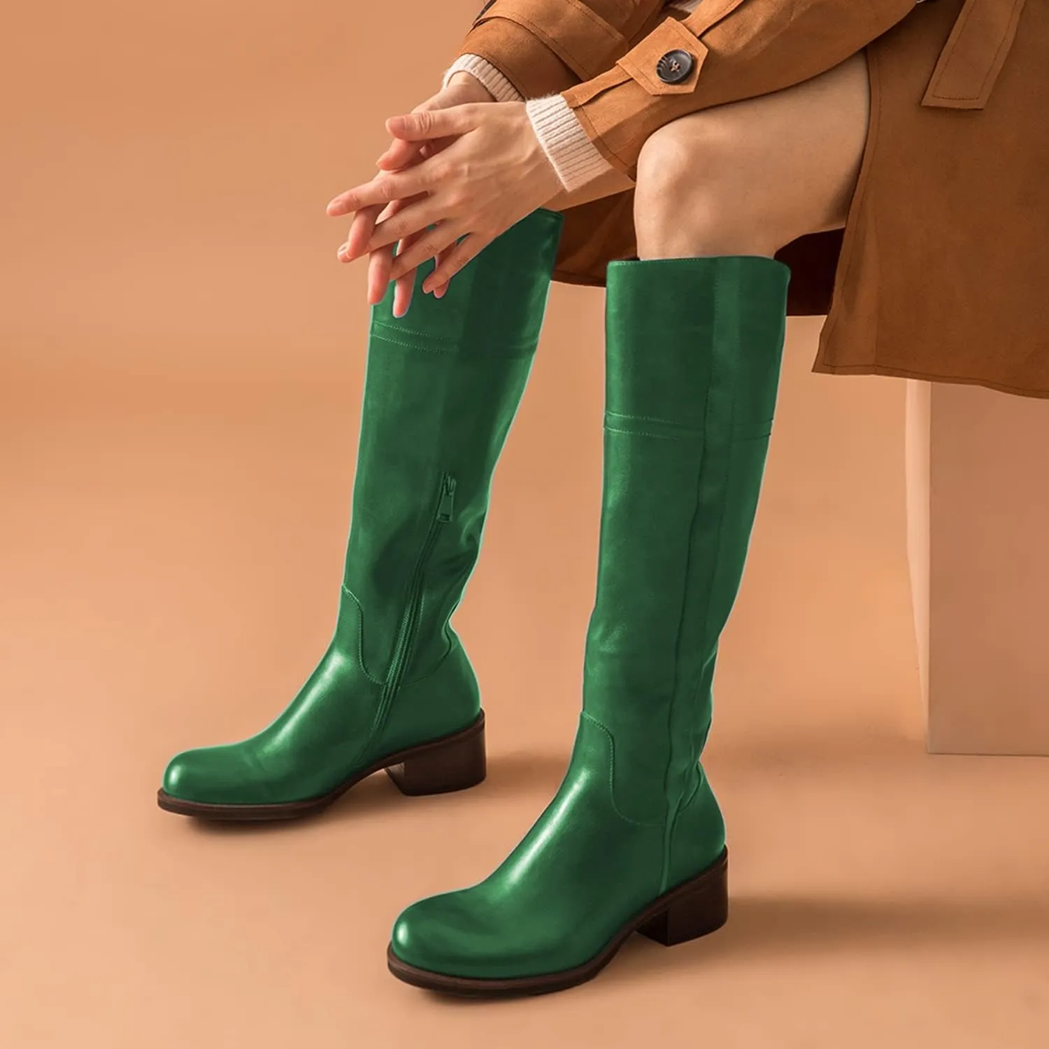 FOWT Women Wide Calf Low Chunky Heel Knee High Boots Zip-up Round Toe Western Riding Boots Pull On Fall Winter Shoes for Ladies US Size 4-16