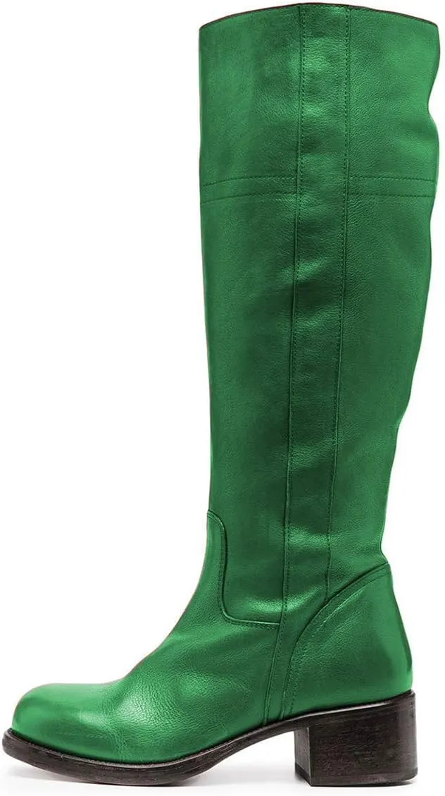 FOWT Women Wide Calf Low Chunky Heel Knee High Boots Zip-up Round Toe Western Riding Boots Pull On Fall Winter Shoes for Ladies US Size 4-16
