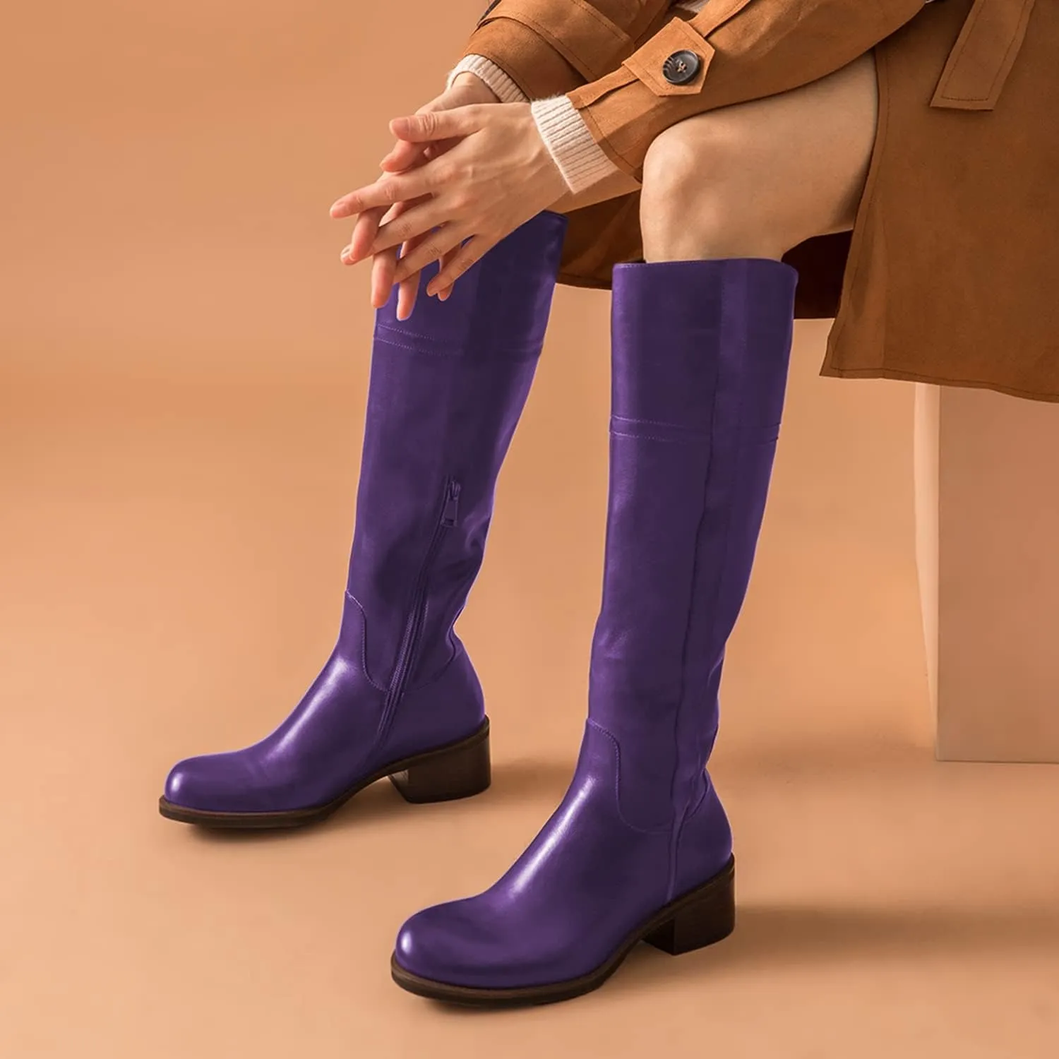 FOWT Women Wide Calf Low Chunky Heel Knee High Boots Zip-up Round Toe Western Riding Boots Pull On Fall Winter Shoes for Ladies US Size 4-16