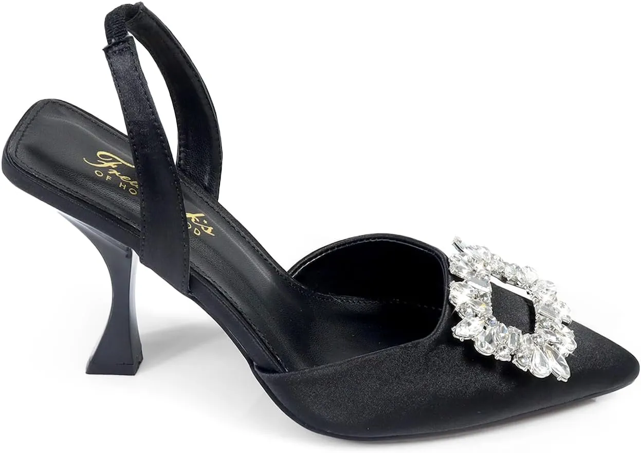 FREDERICK'S OF HOLLYWOOD POINTED TOE BACK SLING LOW HEEL W/BUCKLE RHINESTONE, FOH-STELLA